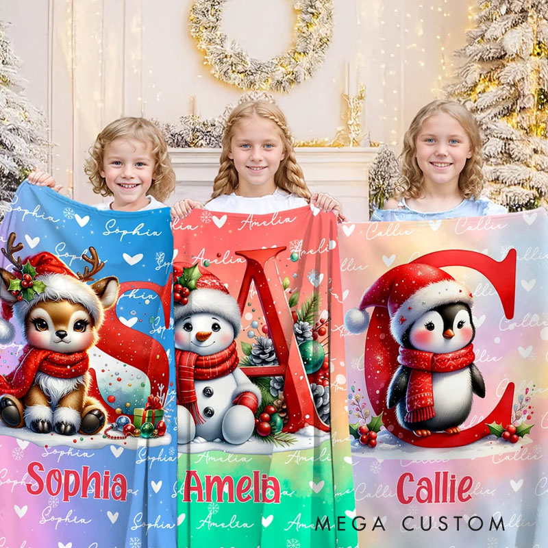 Personalized Santa Hat Snowman Penguin Initial Word Cloud Soft Throw Blanket with Name Home Decor Christmas Gift for Kids Family