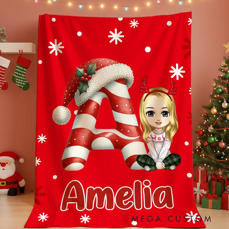 Personalized Christmas Initial Cartoon Character Soft Throw Blanket with Name Home Decor Christmas Gift for Family Friends