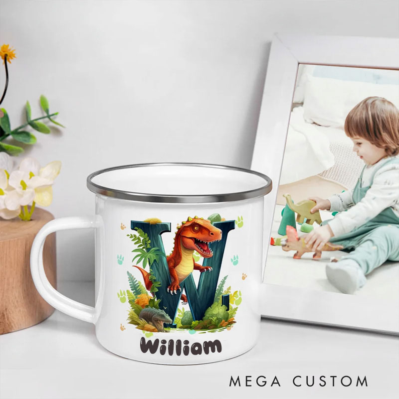 Personalized Fantasy Unicorn Dinosaur 12 oz Multicolor Rim Enamel Mug with Name and Initial Birthday Back to School Gift for Kids