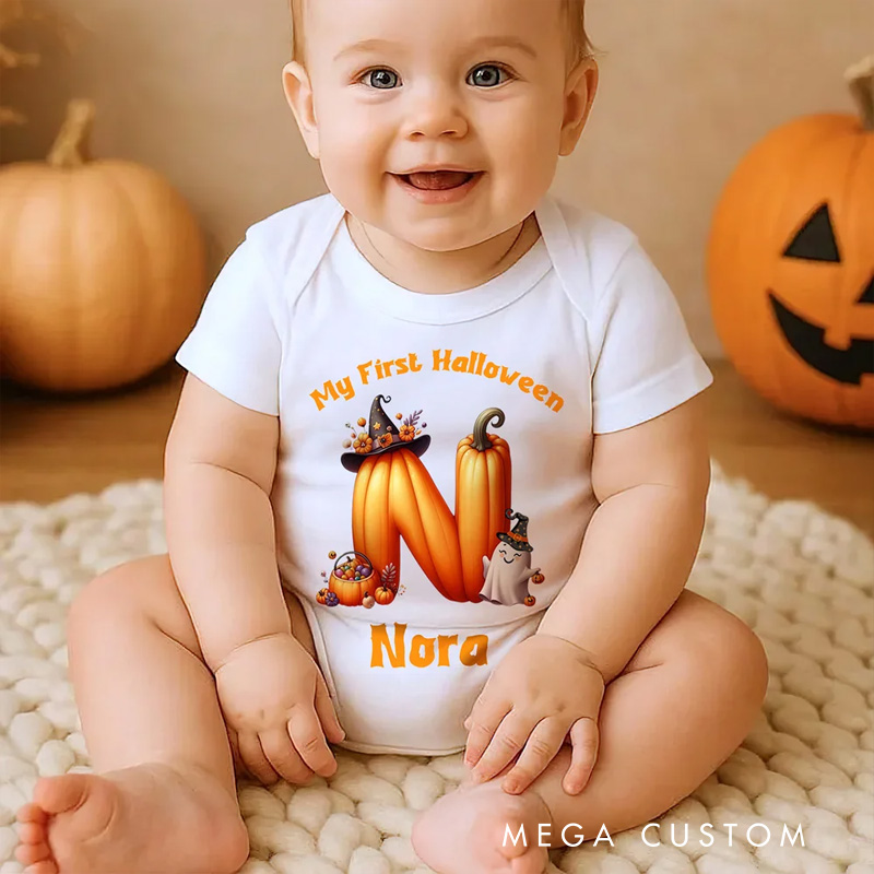Personalized Cute Pumpkin Initial My First Halloween 100% Cotton Baby Bodysuit with Name Halloween Costume Party Gift for Baby Kid