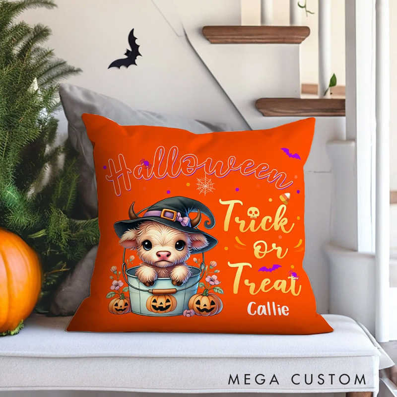 Personalized Pumpkins Highland Cow Soft Throw Pillow Cover with Name Home Decor Halloween Housewarming Gift for Family Friend