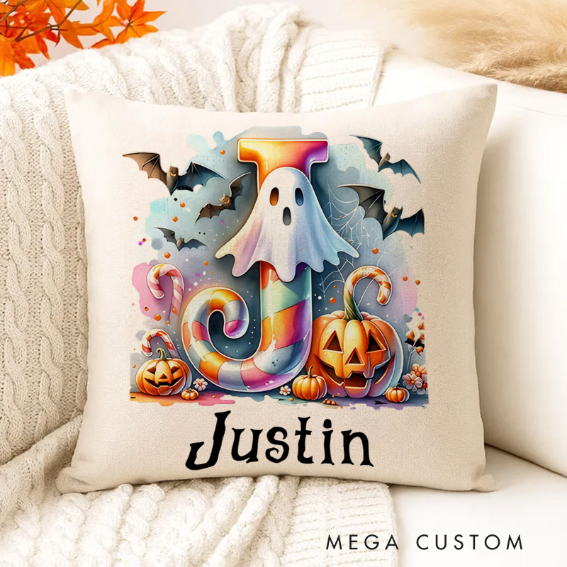 Personalized Ghost Pumpkin Initial Jute Pillow with Name Trick or Treat Activity Halloween Gift for Boys Girls