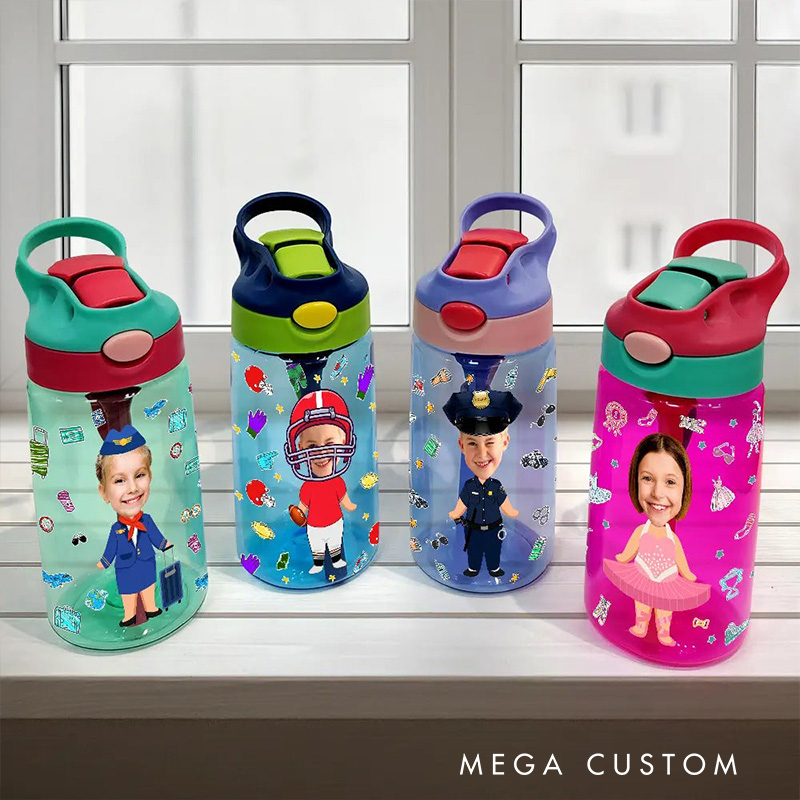 Personalized Photo Face Kids Water Bottle with Custom Character Outfits for Fun and Unique Hydration Experience