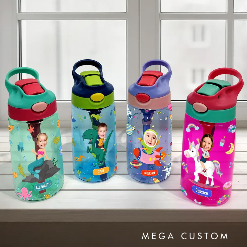 Personalized Adventure Kids Water Bottle with Custom Photo Face and Name for Fun Hydration