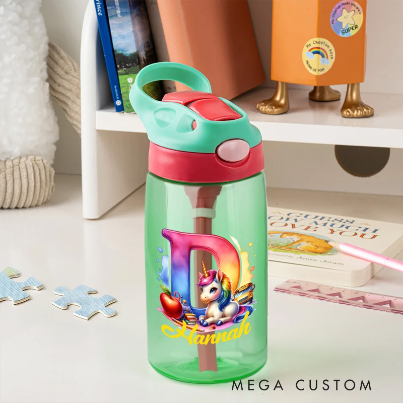 Personalized Watercolor Fantasy Unicorn Initial Apple 16 oz Water Bottle with Name Outdoor Supplies Back to School Birthday Gift for Kids