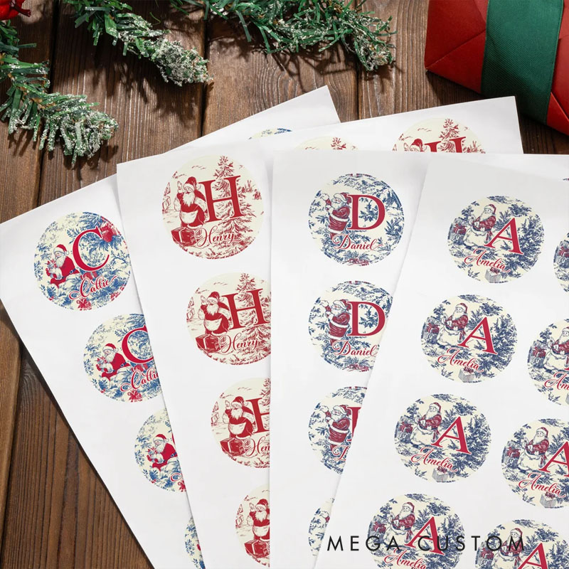 Personalized Toile De Jouy Style Santa Claus Waterproof Stickers with Name and Initial Christmas Festival Party Gift for Family Friends