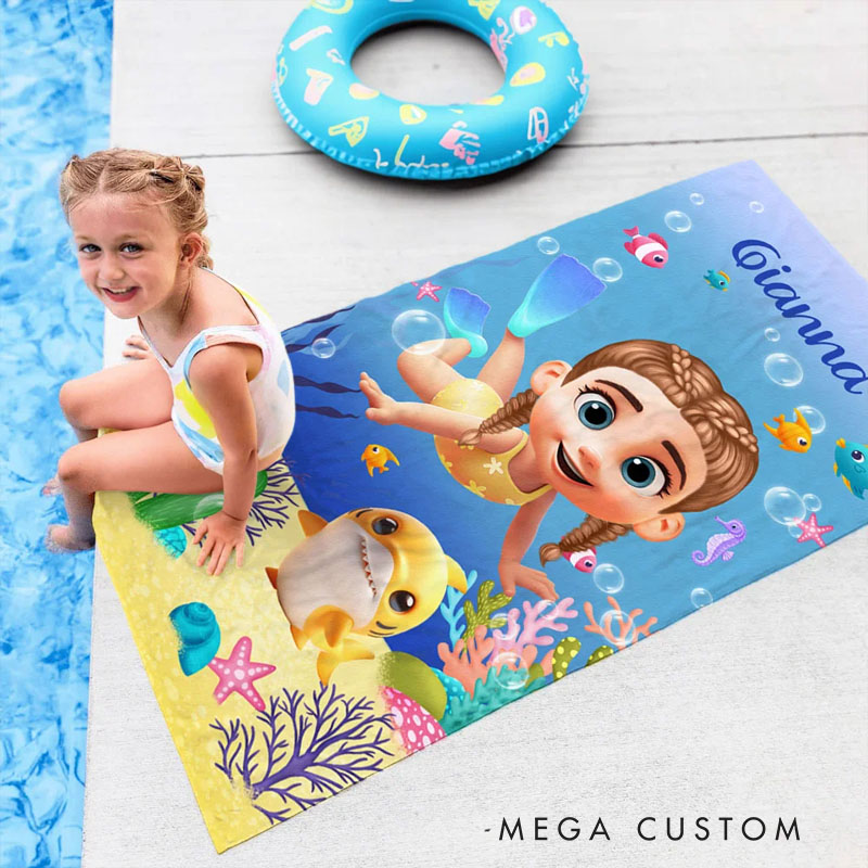 Personalized Cute 3D Diving Kid Sea Animal Quick Dry Soft Oversized Beach Towel with Name Summer Vacation Beach Party Birthday Gift for Boys Girls