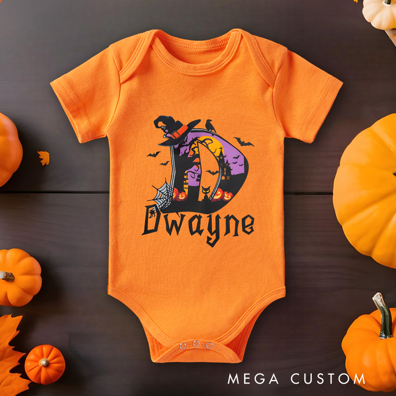 Personalized Halloween Witch Baby Bodysuit with Initial Letter and Spooky Elements Featuring Name for Festive Fun
