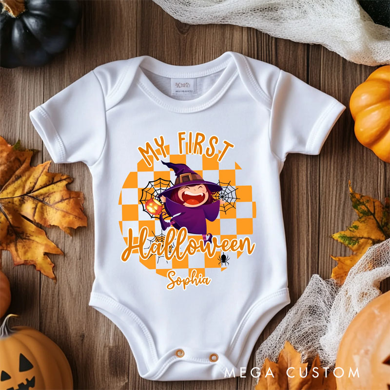 Personalized My First Halloween Baby Bodysuit with Cute Monster and Checkered Background Featuring Name