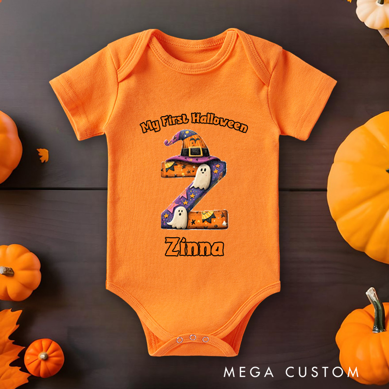 Personalized Baby's Halloween Baby Bodysuit with Initial Letter and Ghosts Design Featuring Name for Festive Charm