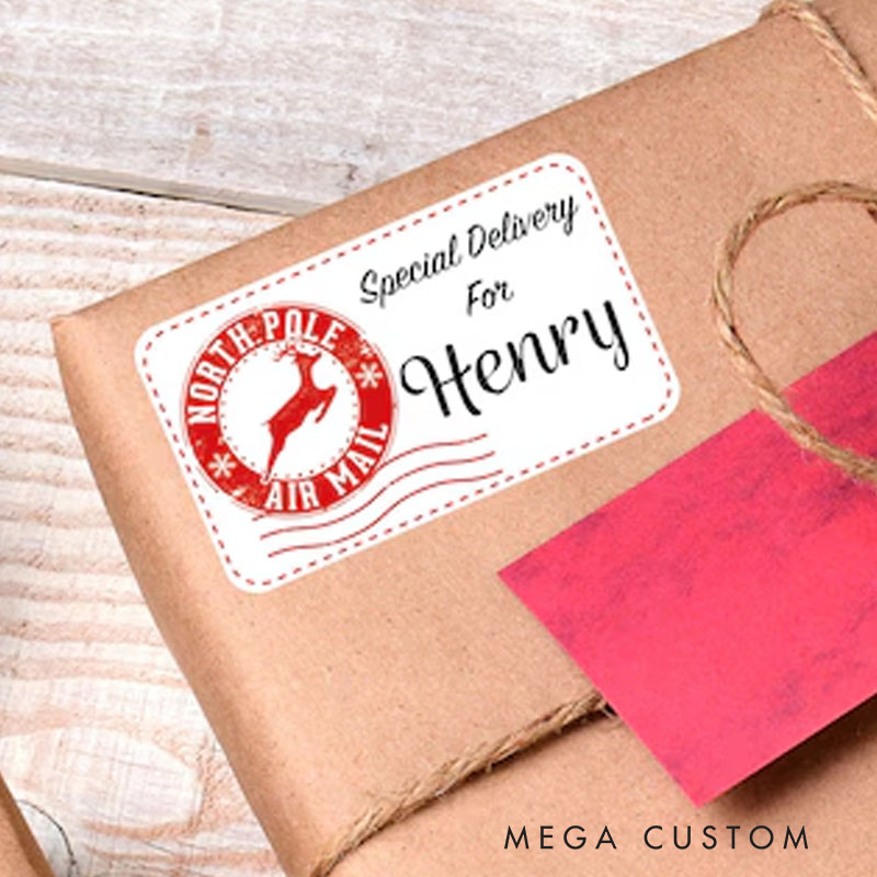 Personalized Special Delivery Gift Sticker with Reindeer Stamp and Custom Name for a Magical Holiday Surprise