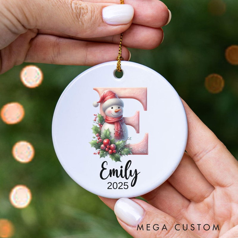 Personalized Initial Christmas Ornament with Snowman and Festive Greenery Featuring Name and Year for Holiday Cheer