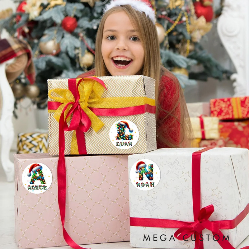 Personalized Santa Hat Color Lights Waterproof Sticker with Initial Name Gift Decoration Christmas Party Gift for Family Kids