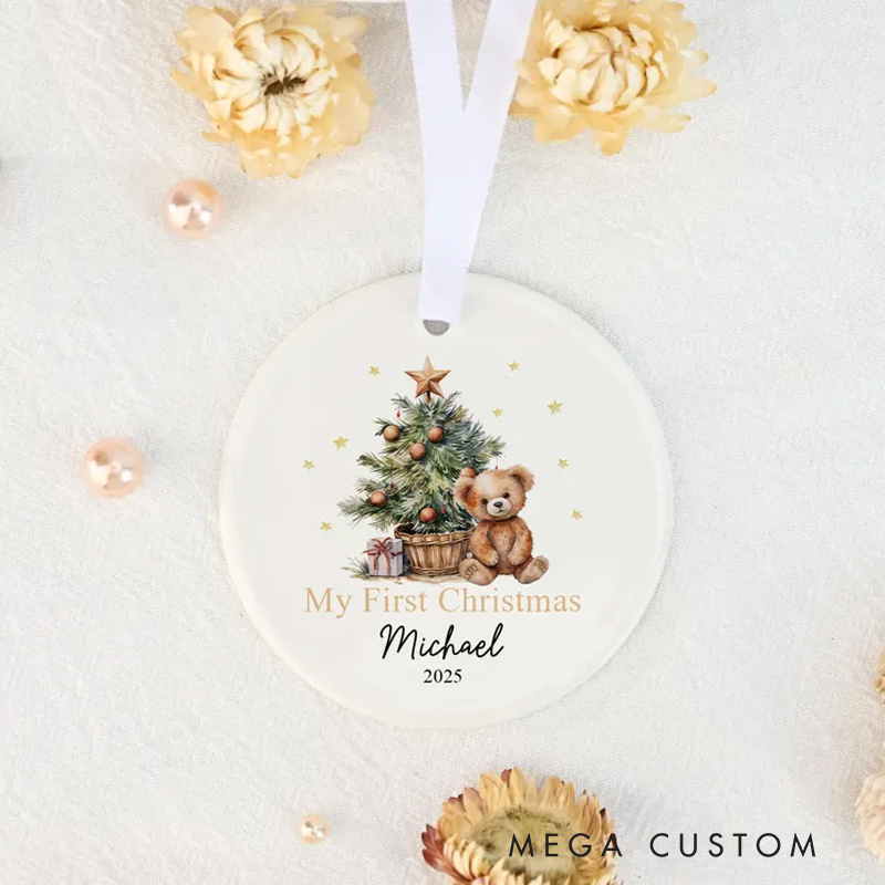 Personalized My First Christmas Ornament with Teddy Bear and Festive Tree Featuring Name and Year for Cherished Memories