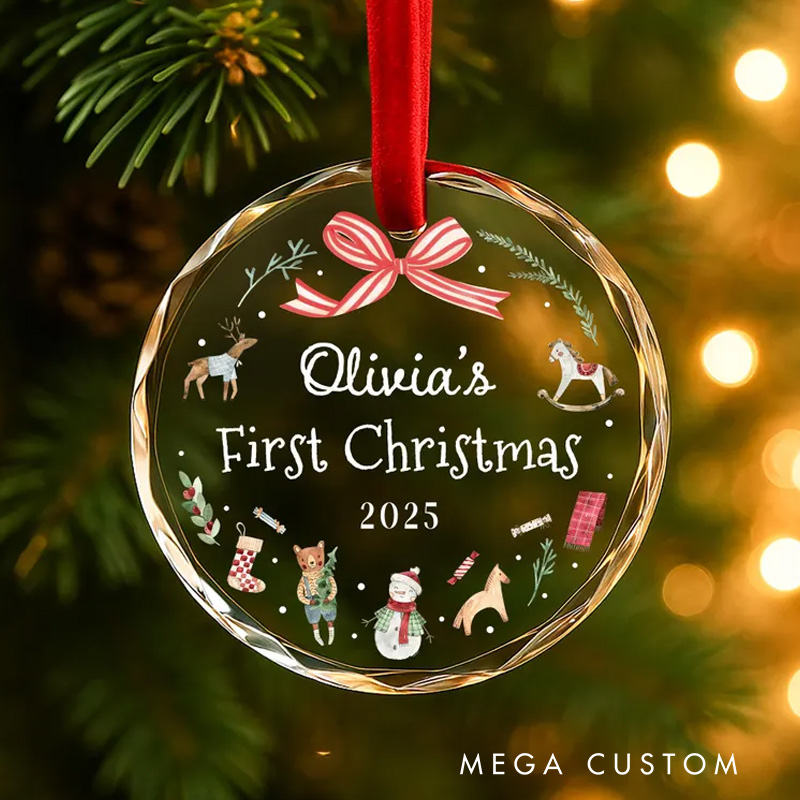 Personalized First Christmas Ornament with Festive Illustrations and Ribbon Featuring Name and Year for Holiday Joy