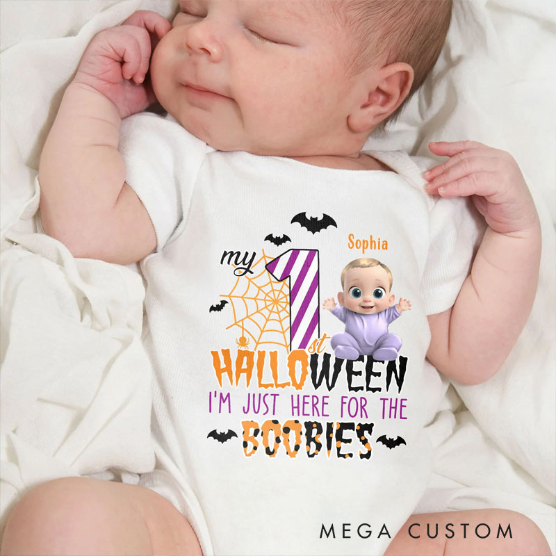 Personalized First Halloween Baby Bodysuit with Cute Character and Fun Message for a Spooky and Adorable Celebration