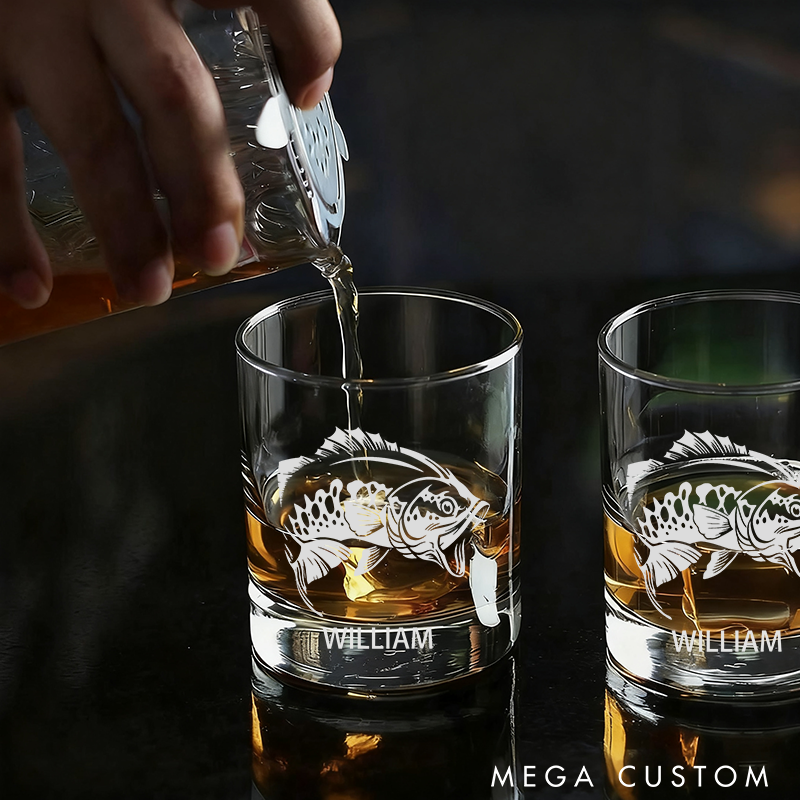 Personalized Sport Fishing Themed Whiskey Wine Cocktail and Beer Etched Fish Glassware Angler Fishermans Gift