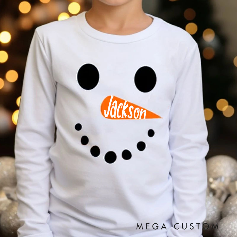 Personalized Snowman Face Kids Pajamas with Custom Names and Playful Winter Theme for Cozy Nights