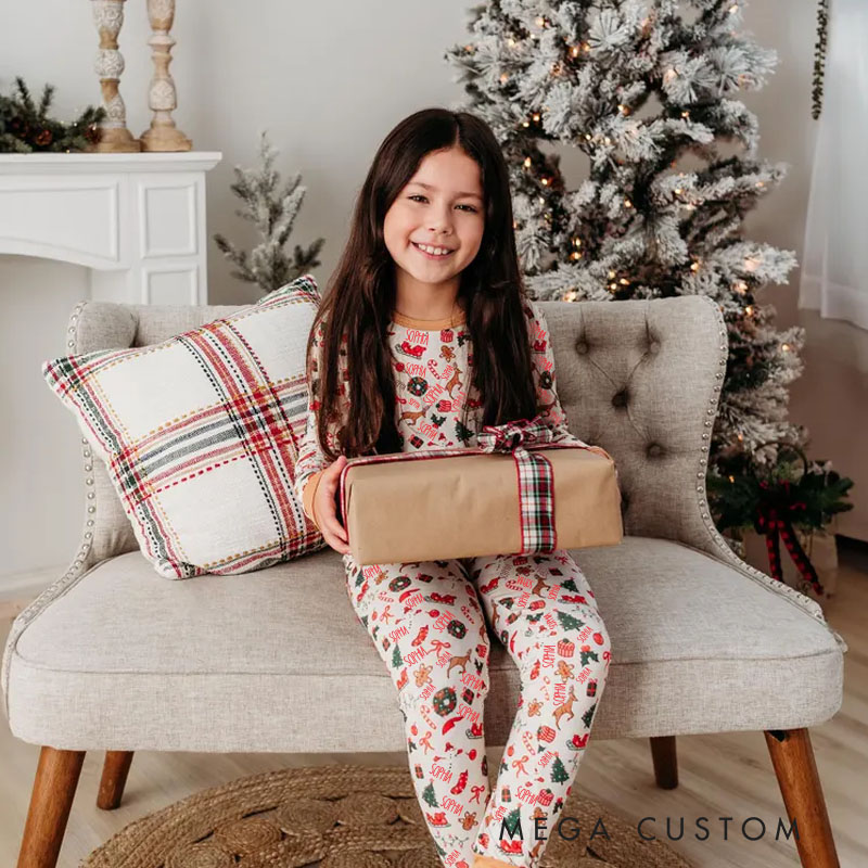 Personalized Holiday Joy Kids Pajamas with Custom Names and Colorful Christmas Patterns for Family Cheer