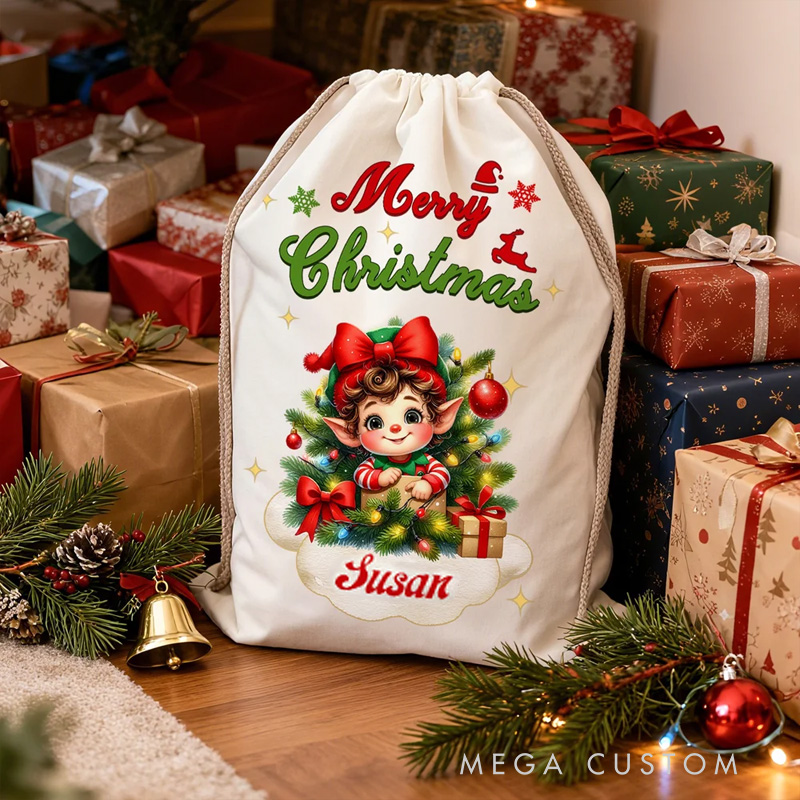 Personalized Merry Christmas Cute Cartoon Elf Canvas Drawstring Gift Bag with Name Christmas Party Favors for Kids Family