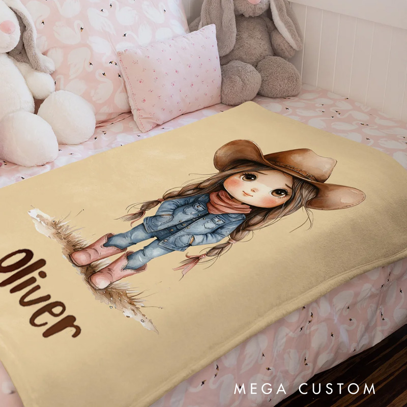 Personalized Cartoon Cowboy Cowgirl Soft Throw Blanket with Name Home Decor Birthday Gift for Kids Cowboy Lovers