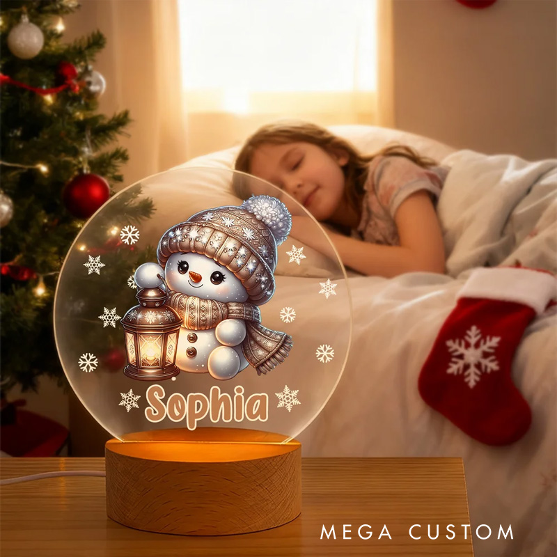 Personalized Snowflake Cute Snowman Christmas LED Night Light with Name and Wooden Base Christmas Gift for Kids