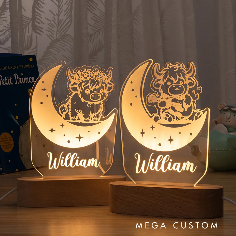 Personalized Cute Highland Cow with Moon Acrylic LED Night Light with Wooden Base Home Decor Baby Shower Gift for Boys Girls