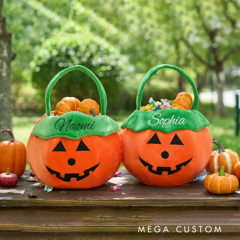 Personalized Embroidered Pumpkin Halloween Treat Basket with Green Handle for Fun Trick or Treat Adventures