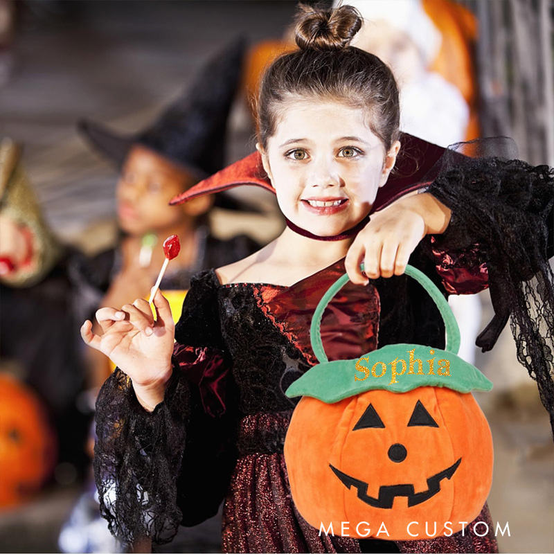 Personalized Lantern Halloween Treat Basket with Green Handle for Spooky Trick or Treat Fun