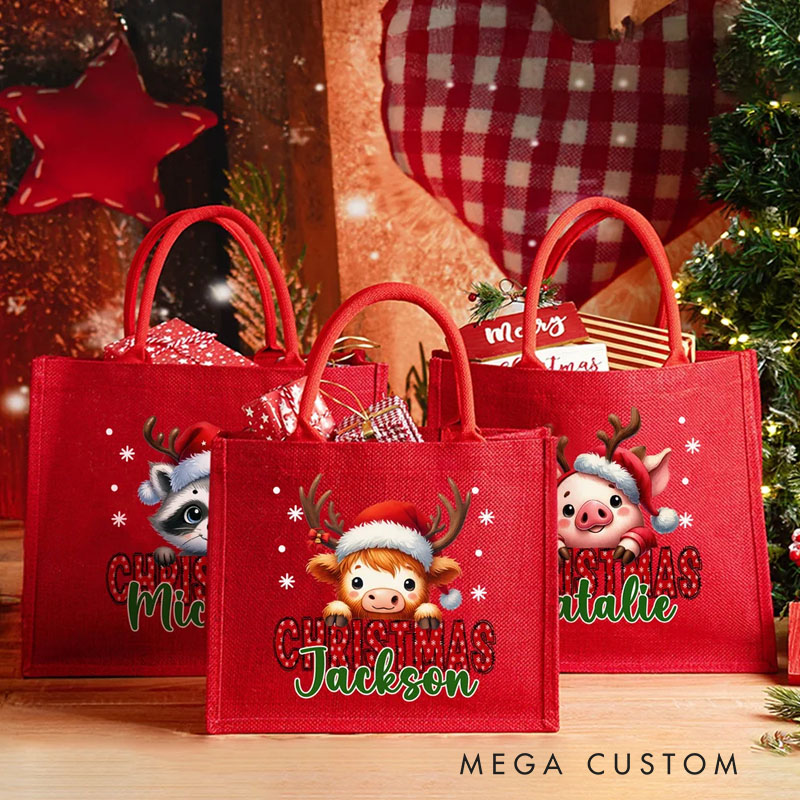 Personalized Christmas Santa Hat Cute Animal Large Tote Bag with Name Daily Use Christmas Party Gift for Family Friends