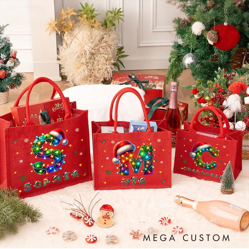 Personalized Santa Hat Color Lights Reusable Red Jute Tote Gift Bag with Initial and Name Christmas Party Gift for Family Kids