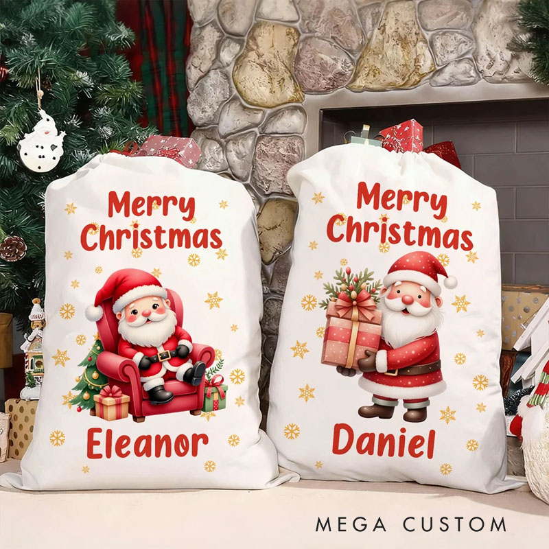 Personalized Cute Cartoon Santa Claus Snowflake Drawstring Christmas Gift Bag with Name Merry Christmas Gift for Kids Family