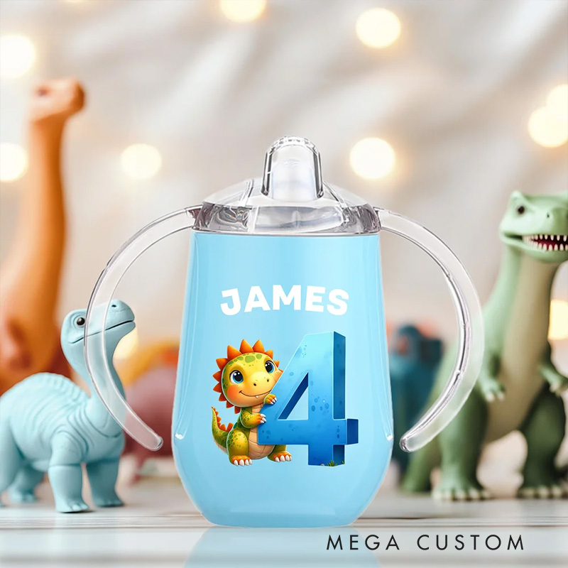Personalized Fantasy Digital Unicorn Dinosaur Vehicle 10oz Insulated Name Sippy Cup with Lid and Handle Birthday Baby Shower Gift for Toddler Kids