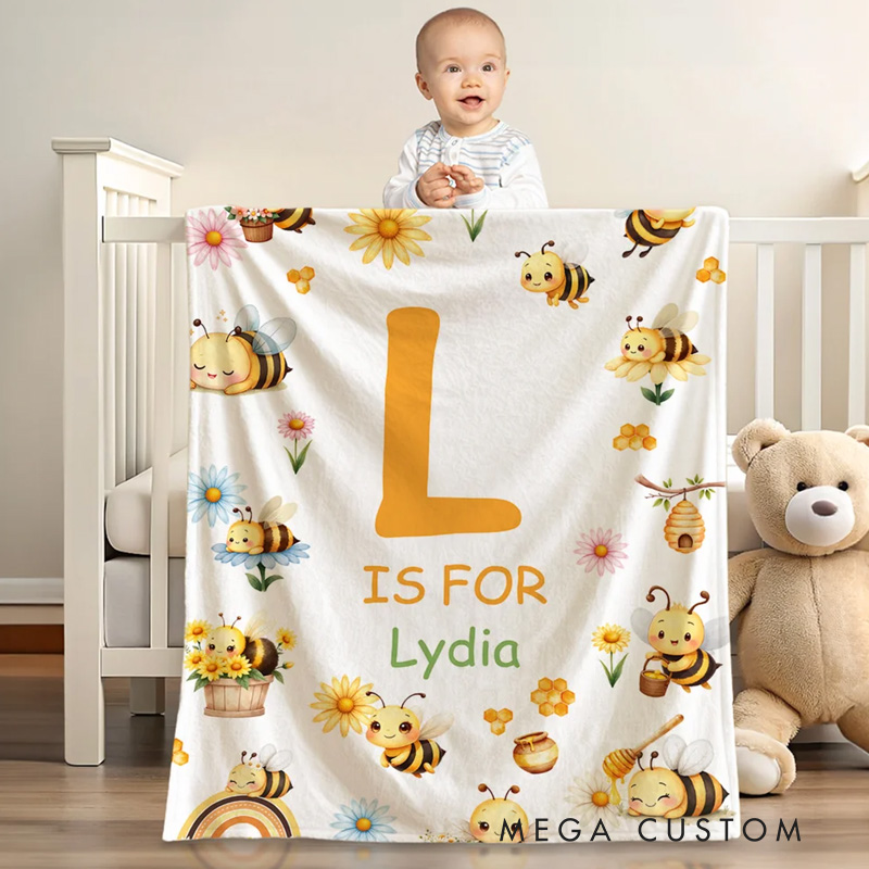 Personalized Cute Bee Flower Soft Throw Blanket with Name and Initial Nursery Decor Baby Shower Birthday Gift for Newborn Baby