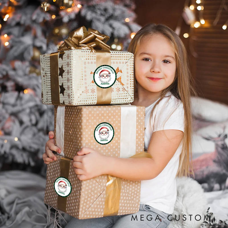 Personalized Merry Christmas Santa Claus Waterproof Stickers with Name Christmas Party Favors for Kids Family Friends
