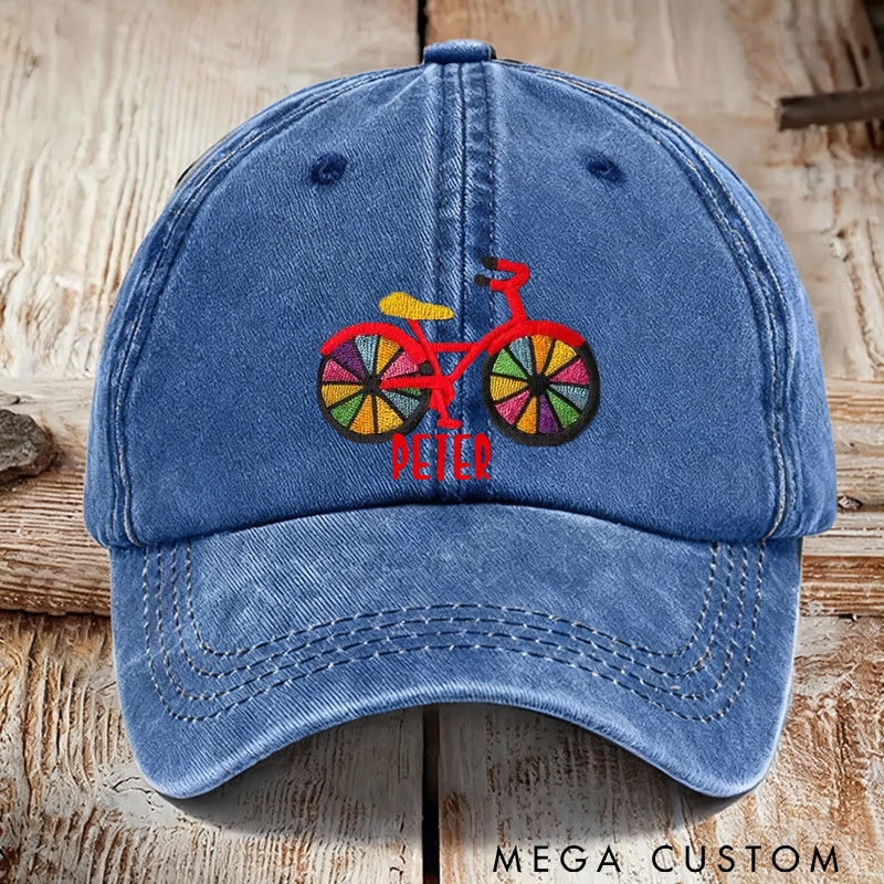 Personalized Rainbow Bicycle Embroidered Hat Colorful Bike Dad Cap Adjustable Black Baseball Cap