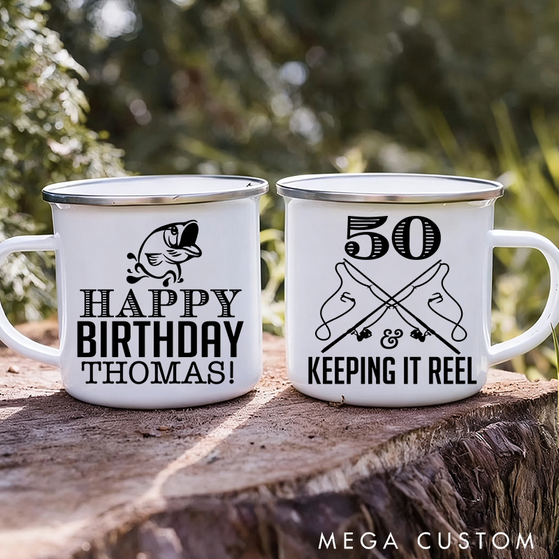 Personalized Fishing Enamel Mug Party Favor Cups Fisherman Birthday Fishing Birthday Party Favor Cups Funny Birthday Cups