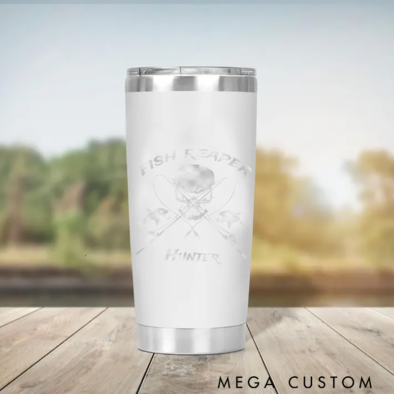 Personalized Fish Reaper Tumbler Stainless Steel Insulated Cup for Fishing Enthusiasts Durable Design Keeps Drinks Hot or Cold Perfect Outdoor Gift