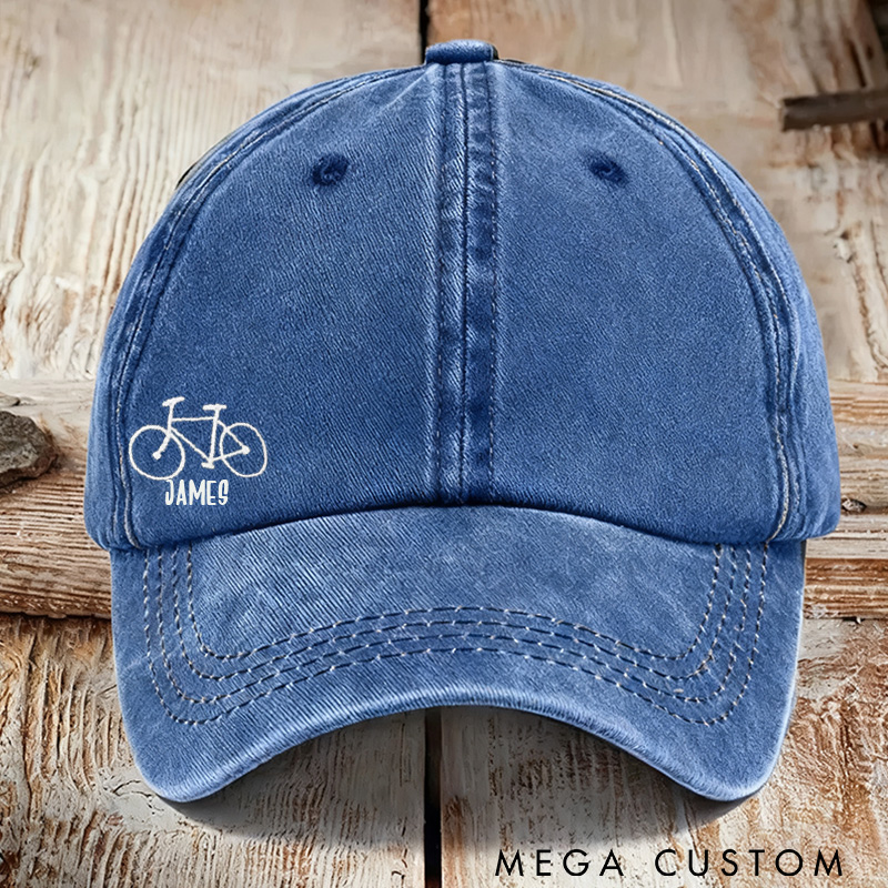 Personalized Embroidered Bicycle Hat Distressed Baseball Cap Small Road Bike In Corner