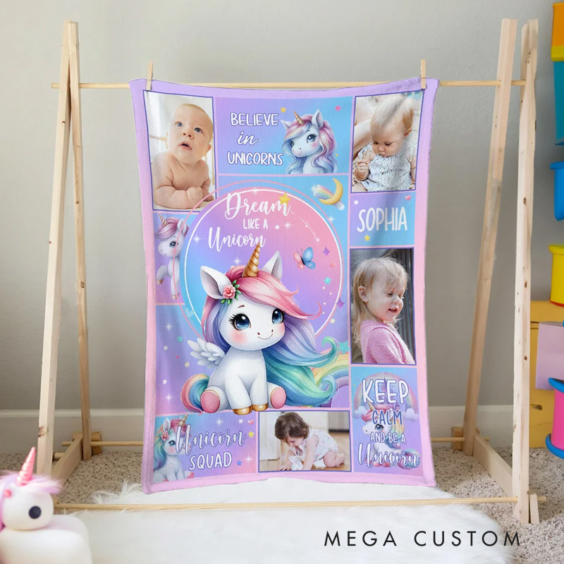 Personalized Fantasy Unicorn Photo Collage Soft Throw Blanket with Name Sofa Decor Baby Shower Birthday Gift for Baby Girls