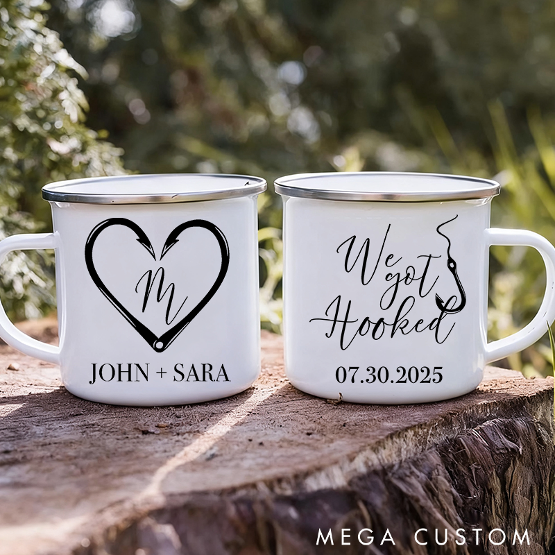 Personalized Fishing Enamel Mug We Got Hooked Design Custom Names and Time Perfect for Couples Wedding Anniversary or Outdoor Adventures