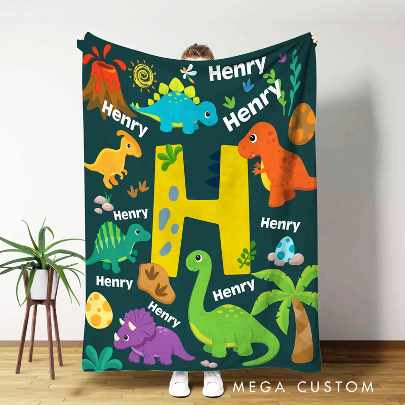 Personalized Cute Dinosaur Soft Throw Blanket with Name and Initial Room Decor Birthday Gift for Boys Girls