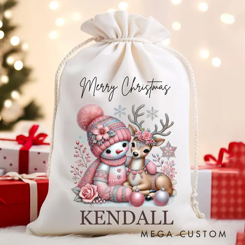 Personalized Cute Snowman and Reindeer Christmas Bag with Custom Name and Festive Holiday Greeting