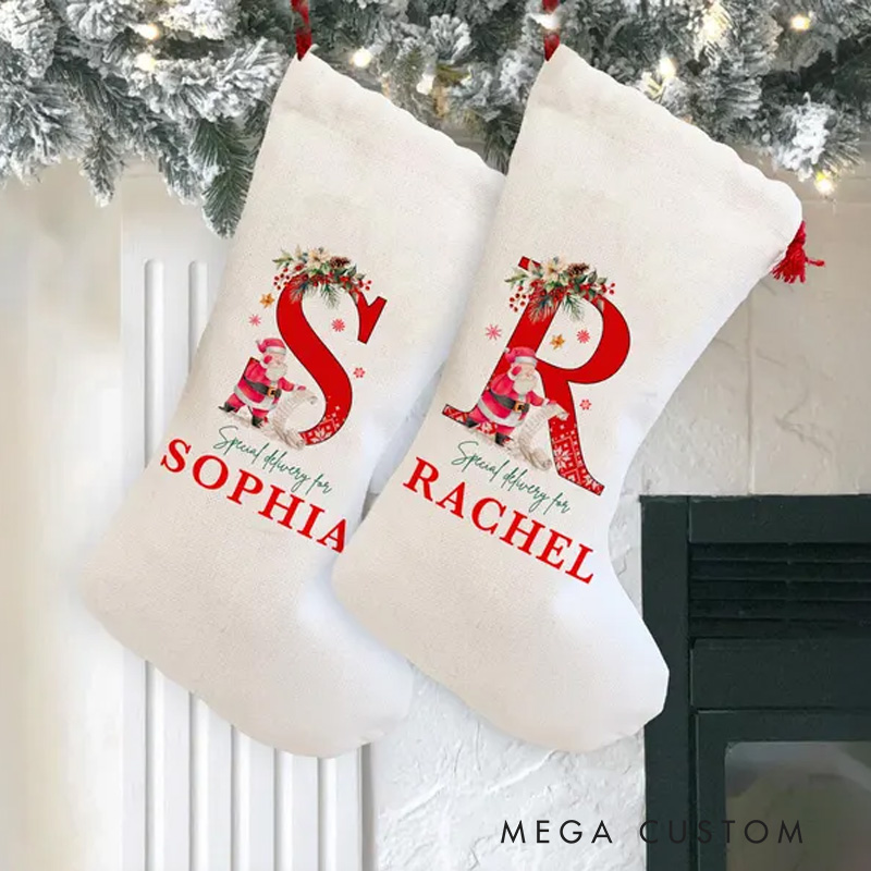 Personalized Initial and Name Christmas Stocking with Festive Floral Accents for Holiday Warmth