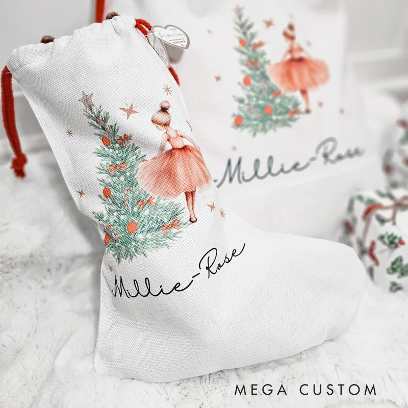Personalized Nutcracker and Ballerina Christmas Stocking with Custom Name for Elegant Holiday Decor