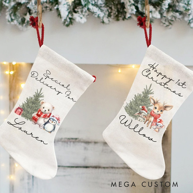 Personalized Baby’s First Christmas Stocking with Bear and Reindeer Custom Name for Adorable Holiday Keepsake