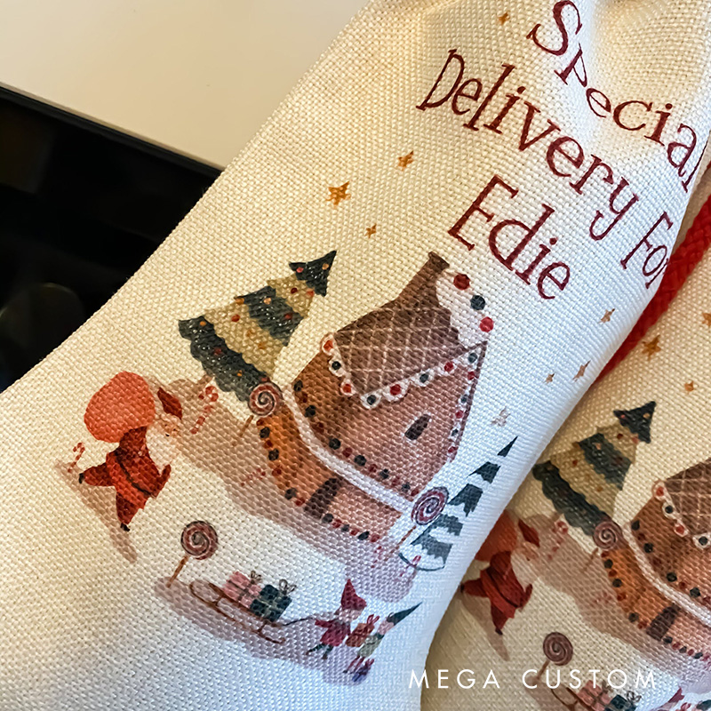 Personalized Gingerbread House and Snowy Scene Stocking with Custom Name for Whimsical Holiday Delight