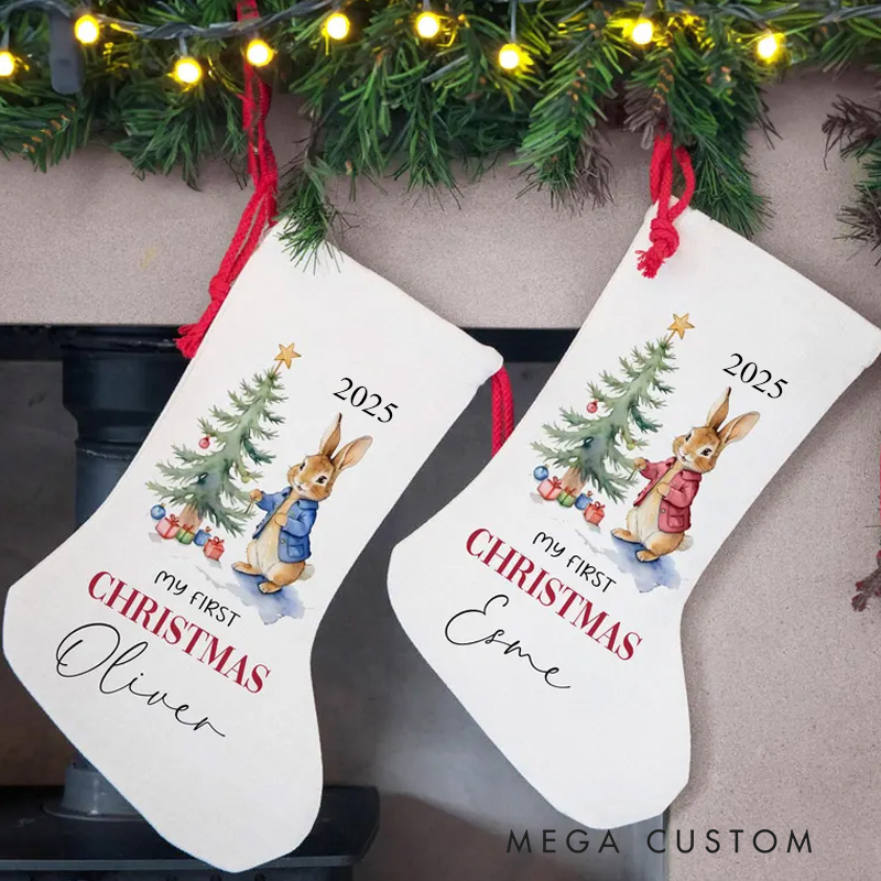 Personalized Woodland Animals and Christmas Tree Stocking with Custom Name for Enchanting Holiday Decor
