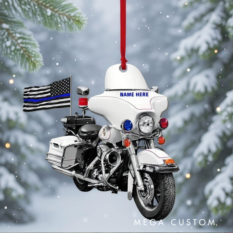Personalized Police Motorcycle Christmas Ornament with Thin Blue Line Flag Gift for Police