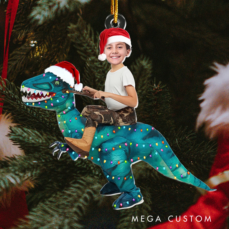 Personalized Dinosaur Ride Photo Christmas Ornament with Santa Hat for Fun and Unique Holiday Celebration
